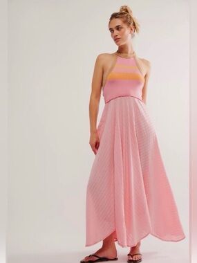 Free People Pink and Yellow Striped Halter Maxi Dress